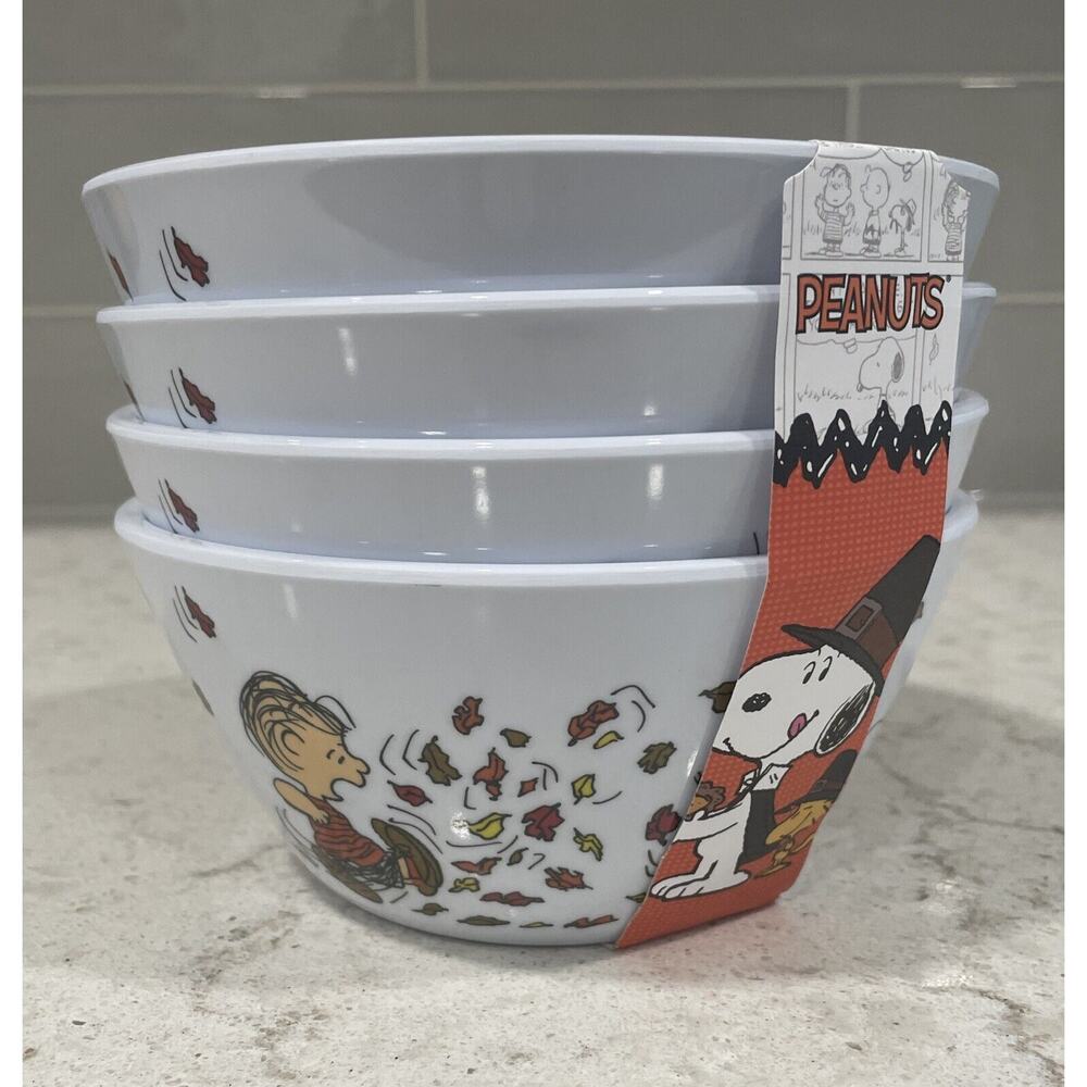 Set 4 FALL LEAVES Peanuts Salad Cereal Bowls Thanksgiving Charlie Brown Snoopy